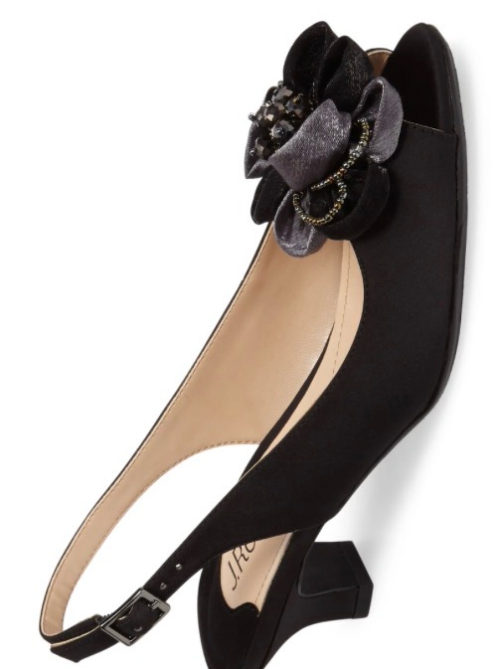 J.Renee Black Satin Slingback Heel with Floral Jewel Accent